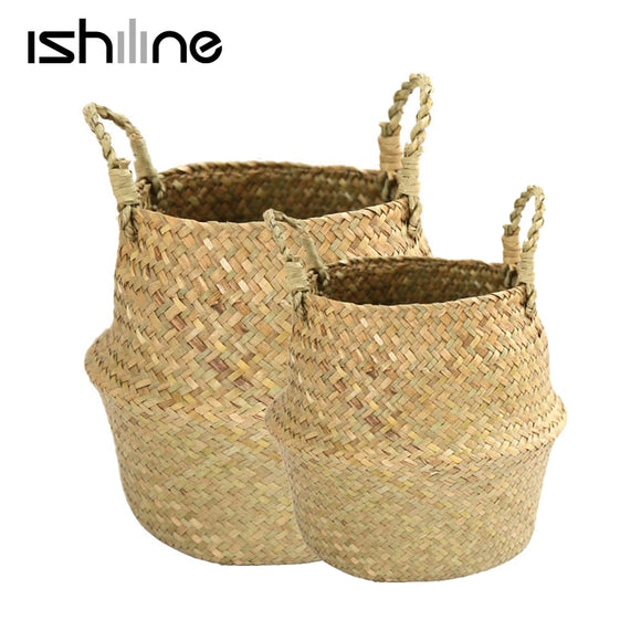 Handmade Bamboo Storage Basket Folding Clthoes Laundry Basket Straw Wicker Rattan Seagrass Belly Garden Flower Pot Plant Basket